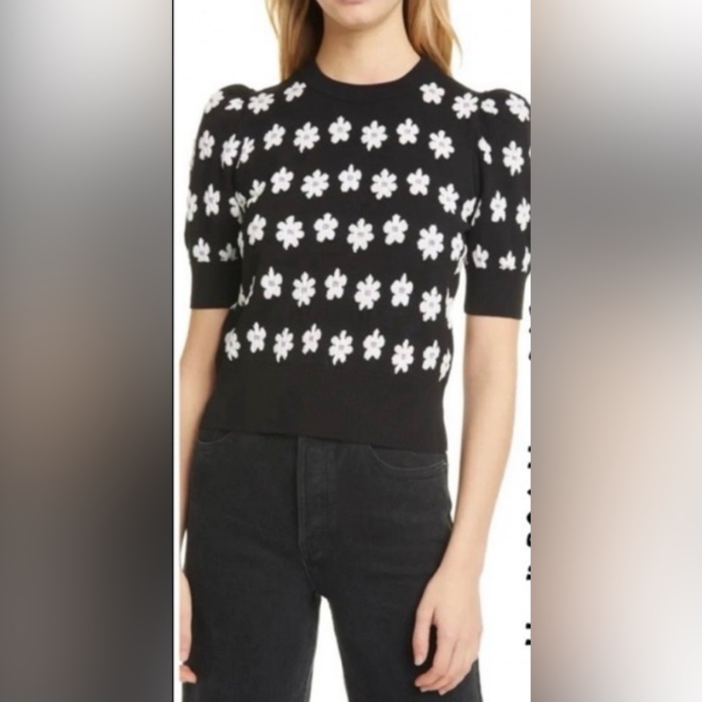 Kate Spade Black Puff Sleeve Sweater with White and Purple Flowers